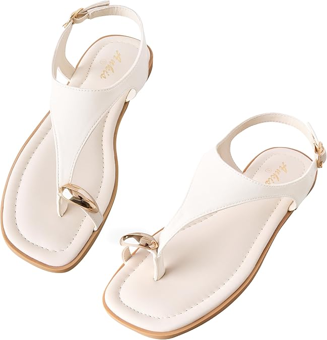 Womens Toe Ring Thong Sandals Square Open Toe Flat Sandals Adjustable Ankle Buckle Strap Comfort Summer Beach Casual Walking Flip Flops for Women