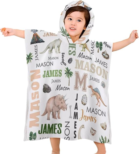 Personalized Kids Hooded Bath Towel with Name, Custom Kid Beach Towel with Hood for Boys Girls Toddler, Soft Dinosaur Hooded Towels Wrap for Pool, Swim & Cover Up