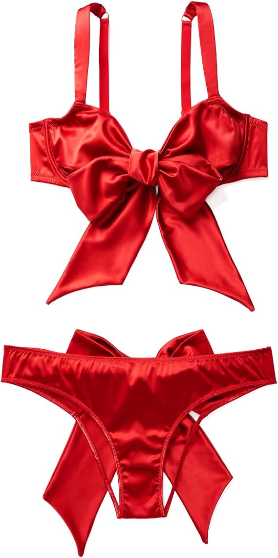 Adore Me Gynger Unlined Quarter Cup Bow Bra & Bikini Panty - Underwire Satin Balconette Bra for Women & Satin Panties with Bow Tie, Dark Red, S