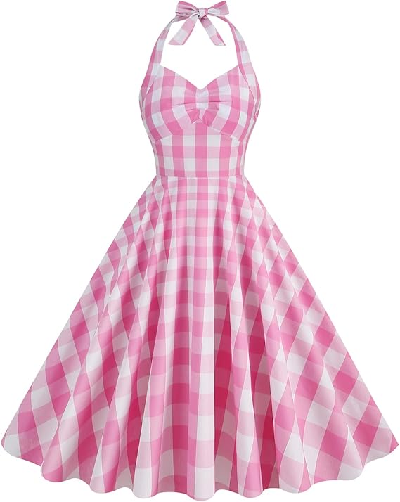 1950s Pink Plaid Dress for Women Pink Gingham Dress 50s Pin Up Dresses Women Pink Checkered Dress Vintage Rockabilly Dresses