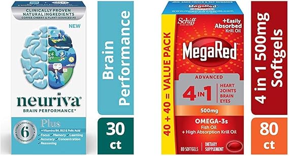 Brain Support Supplement - NEURIVA Plus with Omega-3 Fish Oil + High Absorption Krill Oil 500mg Softgels