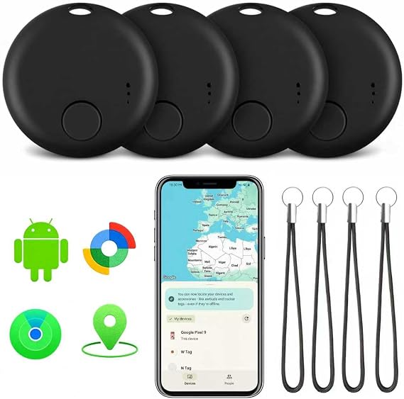 Air Tracker Tags-4 Pack, Bluetooth Tracker with Sound, Compatible with Googles Find Hub (Android) and Apple Find My (iOS), for Keys, Wallets, Luggage, Pets, No Subscription (Black)
