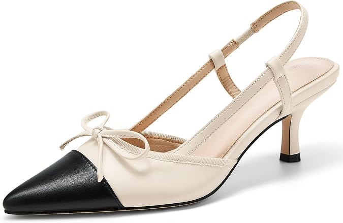 Coutgo Womens Slingback Kitten Low Heels Bow Closed Pointed Toe Dress Shoes