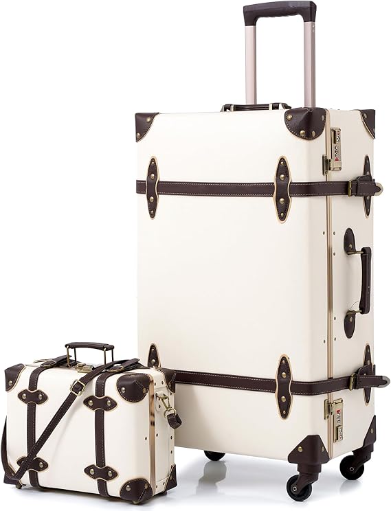 urecity 20" Holy White Vintage Luggage Set 2 Piece, Aluminum Frame Retro Carry On Suitcase with Cosmetic Case, Vegan Leather Spinner Trunk for Women (Clear Cover Included)