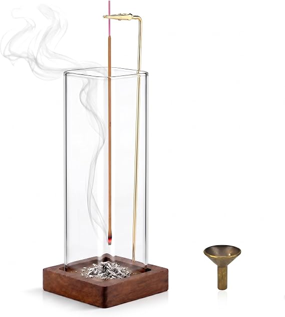 Square Glass Incense Holder, Hanging Incense Burner with Wooden Base