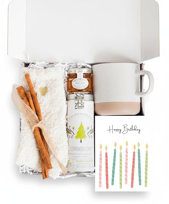 Unboxme Birthday Gift Basket for Women, Self Care Gift Box with Socks, Mug, Organic Chai Tea, Honey & Cinnamon, Relaxation Tea Gift Set for Her