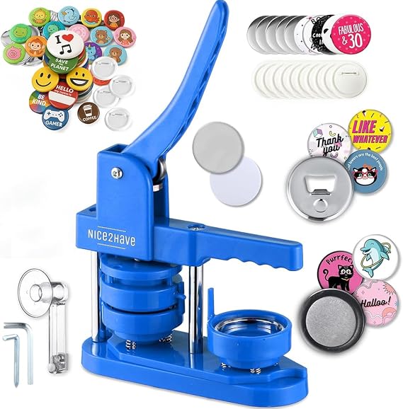 Button Maker Machine 58mm (2.25 Inch) Badge Maker Kit - Single Mold, 100 Badges, 5 Fridge Magnets, 5 Bottle Openers, Cutter, and 500+ Badge Designs for DIY Crafts (Blue)