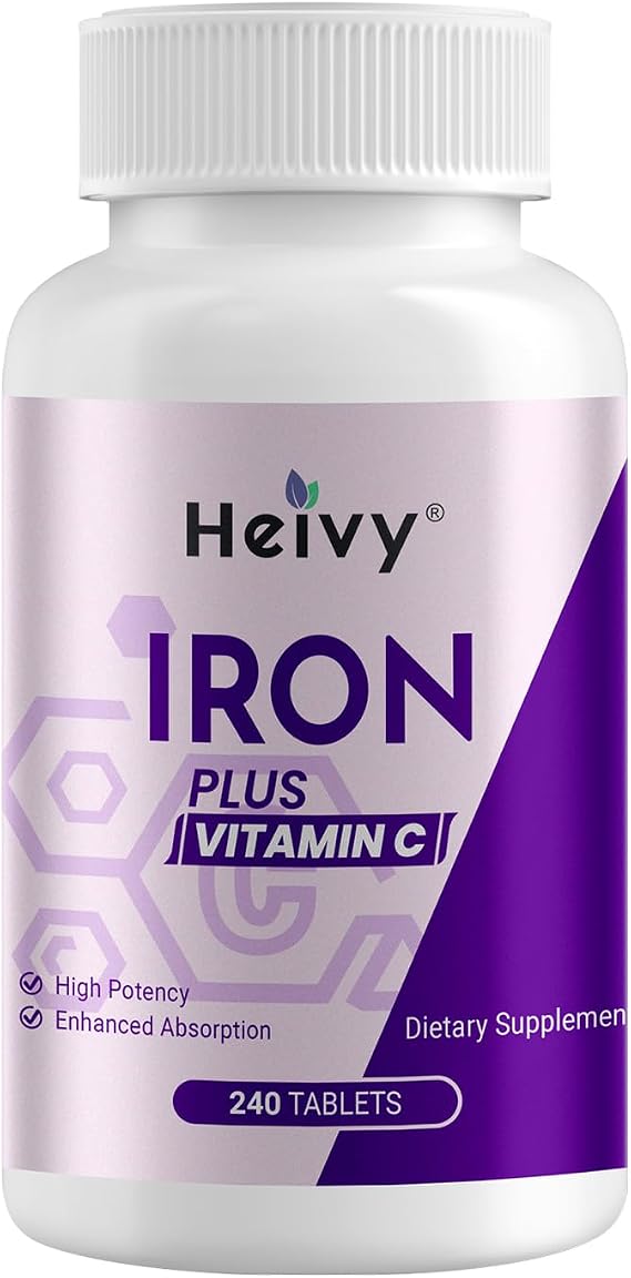 Heivy Iron Supplement Ferrous Sulfate 325mg with Vitamin C, 240 Vegan Tablets (8 Month Supply) - 65mg Elemental Iron - Non-GMO, Vegan, Highly Absorbable
