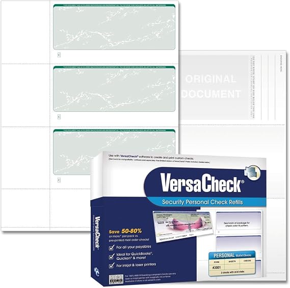 VersaCheck Secure Checks - 750 Blank Business or Personal Wallet Checks - Green Prestige - 250 Sheets Form #3001-3 Per Sheet
