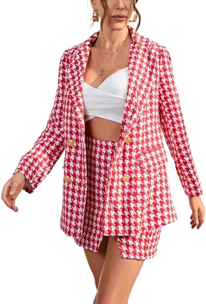chouyatou Women's Business 2 Piece Outfits Houndstooth Tweed Blazer Jacket and Mini Skirt Set