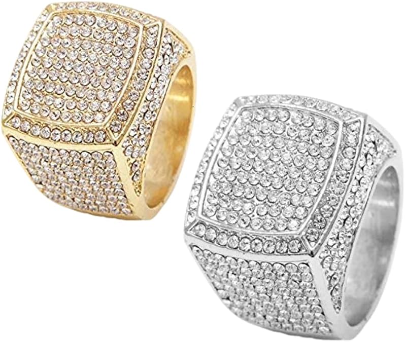Charles Raymond Two Ring Combo Deal - BIG Bling Bling Hip Hop Iced Out Luxury Oversize Men's Ring - 444 (Silver+ Gold)