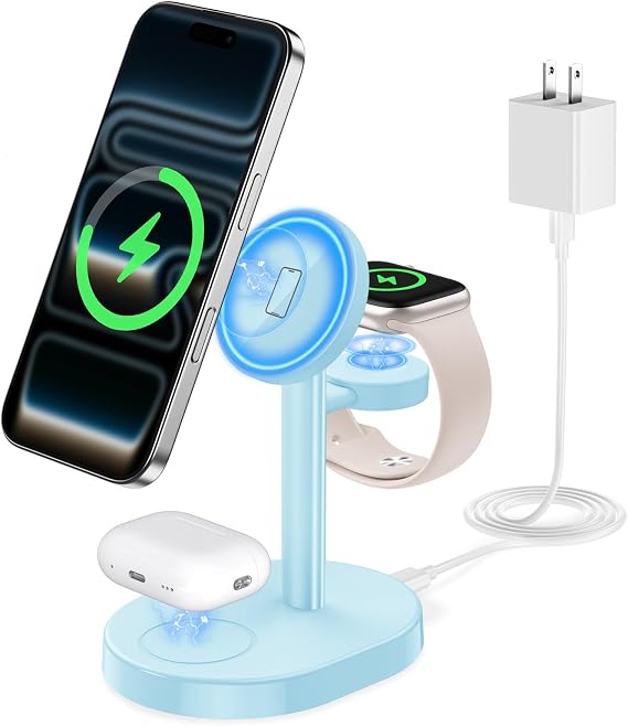 2026 3 in 1 Wireless Charging Station for Apple MagSafe Charger, 15W Fast Magnetic Mag-Safe Charger Stand for iPhone 17 16 15 14 13 12 Apple Watch AirPods with MagSafe Case, Iceblue