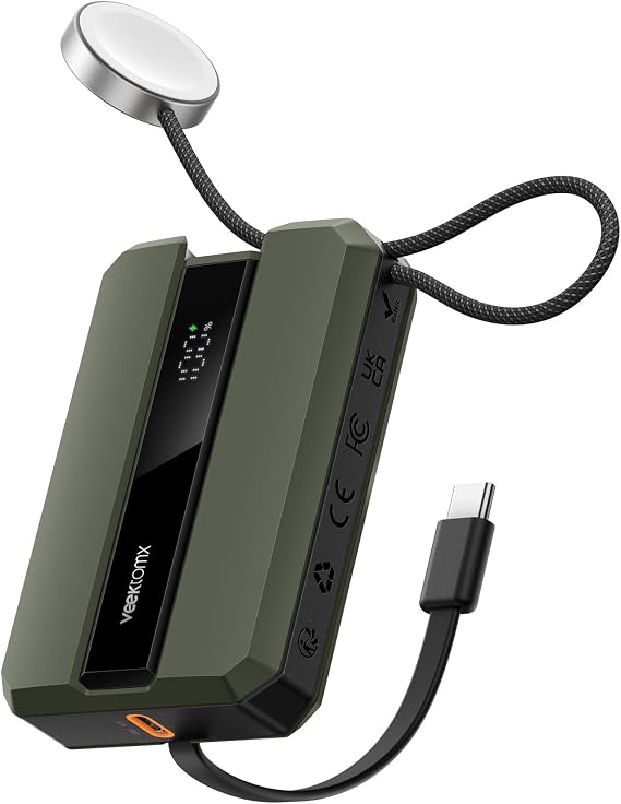 VEEKTOMX PD 30W Power Bank Fast Charging with Built-in USB C Cable for iPhone, Small Portable Charger 10000mAh, Portable Apple Watch Charger, Compact Battery Pack for iPhone 16/15/15 Plus, Green