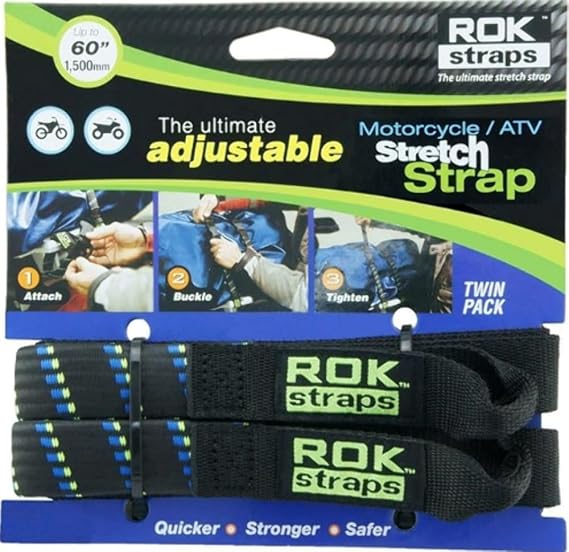 ROK Straps 10001 Adjustable Motorcycle/ATV Stretch Strap Tie-Downs, 60", Black/Blue/Yellow
