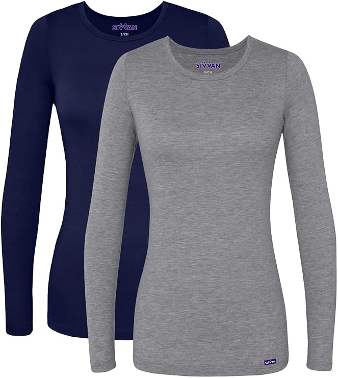 Sivvan Scrubs for Women - Long Sleeve Comfort Underscrub Tee Multicolor 2-Pack - S85002M - Dark Marl Gray/Navy - L