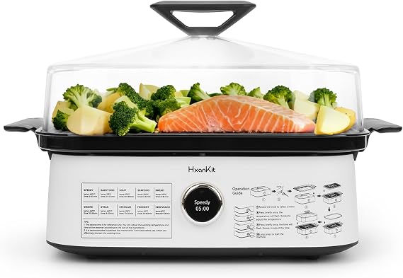 Electric Food Steamer 8 Quart, Borosilicate Glass Steamer for Cooking Vegetables and Rice, 450C, 10 Presets, 40% Less Fat and Salt, Auto Shut-Off, No Descaling