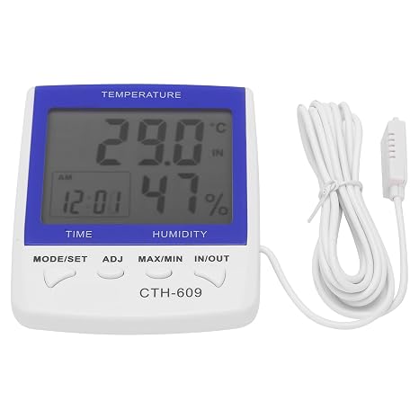 Digital Thermometer Hygrometer, LCD Display Temperature Humidity Time Meter Clock Alarm Clock, AAC -609 for Home Pharmacy Greenhouse with Air Ventilation