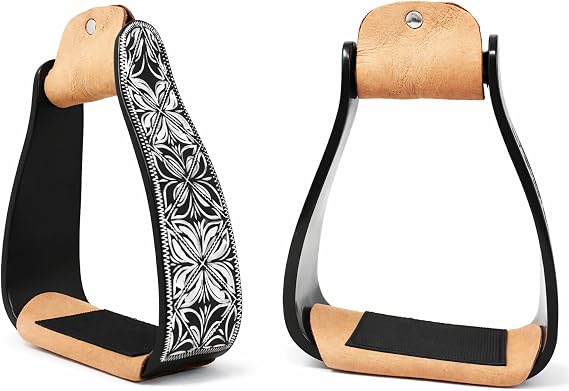 CHALLENGER Horse 5" Black Aluminum Engraved Slanted Offset Western Horse Saddle Stirrups 51220