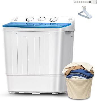Portable Washing Machine, 18Lbs Compact Mini Twin Tub Laundry Washer with Drying Rack & 10 Hangers, Washer(11Lbs) and Dryer(7Lbs) Combo, Timer Control, Ideal for Apartment, Dorms, RVs, Blue