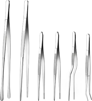 Fine Tweezer Tongs, 6pcs Cooking Tweezers, 12 and 6.3 Stainless Steel Food Tweezers, Professional Kitchen Long Tweezer with Round and Curved Tips for Baking6pcs, 126.3