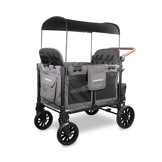 WonderFold W4 Luxe Pro Stroller Wagon, Aluminum Frame, 4 Seater, Gray | Collapsible Stroller Wagon with an Adjustable Canopy & Push Handle, XL All-Terrain Wheels & 5-Point Harnesses for Kids