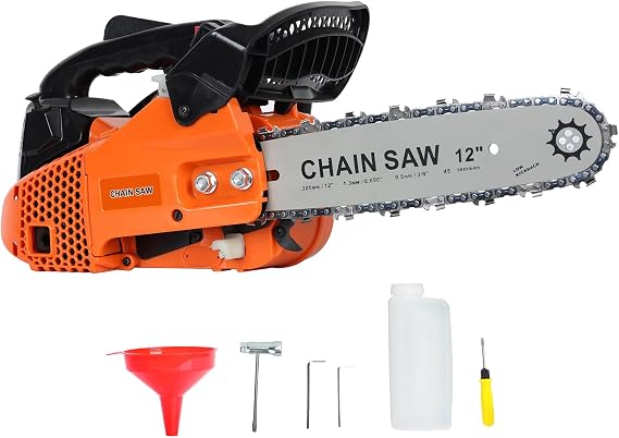 Gas Chain Saw, 1 Set of 25.4cc 12 Inch Gasoline Chainsaw Multifunctional High Power Gas-powered Fast Cutting Labor-saving Gas Sawing Handheld Cutting Wood Garden Supplies (Orange-1)