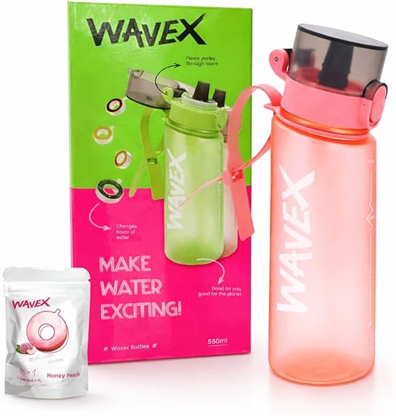 WAVEX Scented Water Bottle, Includes 1 Replaceable Honey Peach Aroma Scent Pod, Flip Top Leak-Proof Lid, Straw & Carry Strap Included, Subtle Flavor Experience, No Sugar or Calories, 550ml, Pink