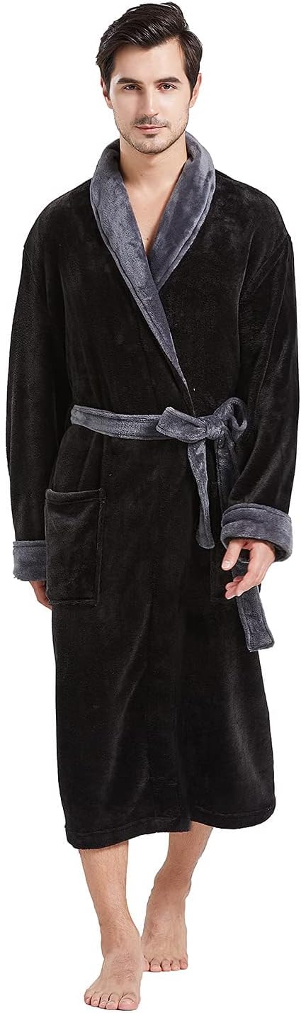 FashGudim Mens Robe Plush Robes for Men Warm Soft Fleece Bathrobe Calf Length Shawl Collar Short House Robes with Pockets