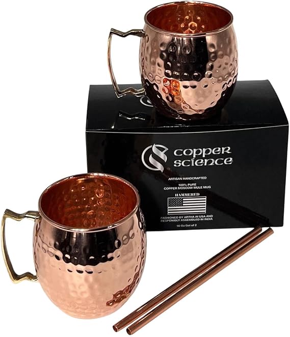 Pure Handcrafted Copper Cups Moscow Mule Cups Set of 2 with Cocktail Straws Moscow Mule Mugs for Home Bar, Kitchen Accessories