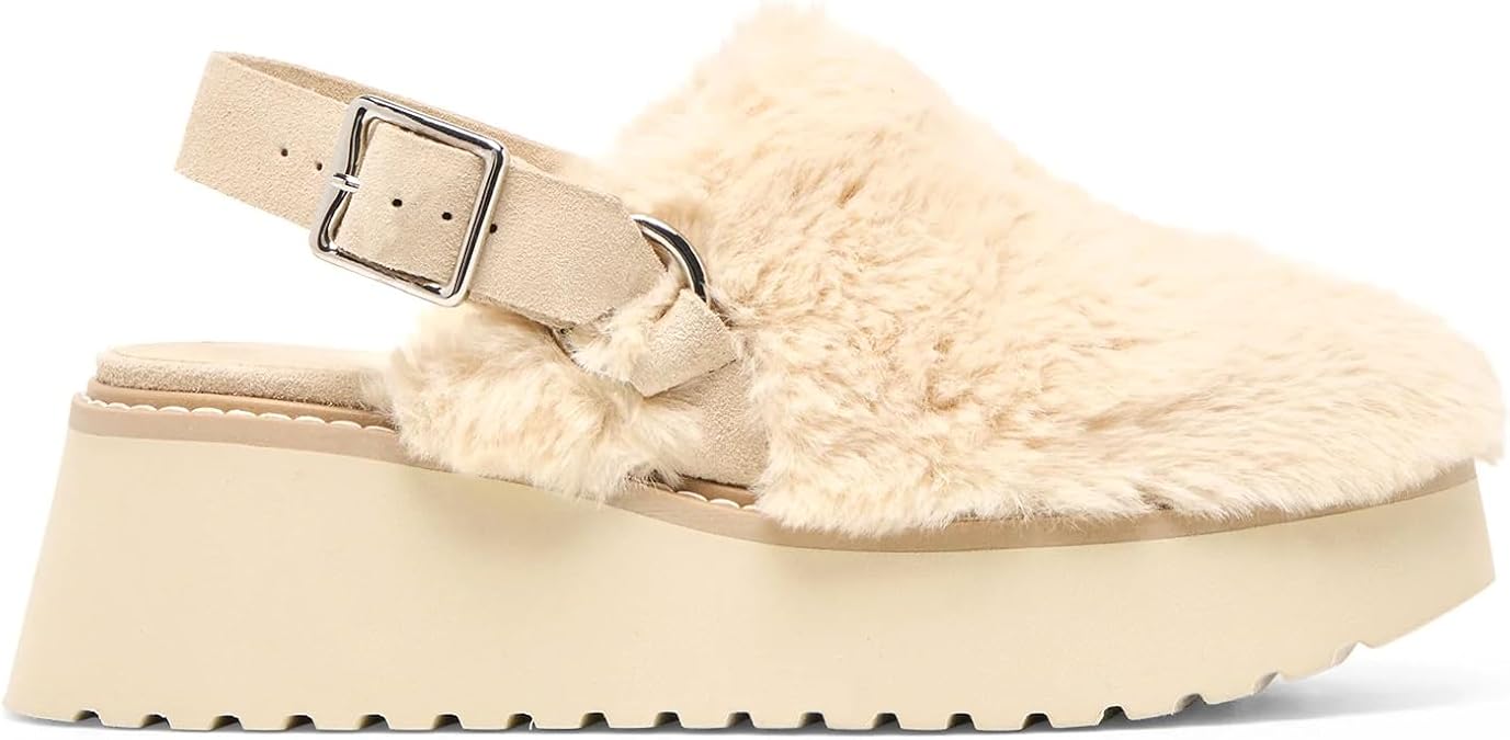Platform Clogs for Women Fuzzy Mules Round Closed Toe Slip on Ankle Strap Slippers Adjustable Buckle Comfortable Casual Daily