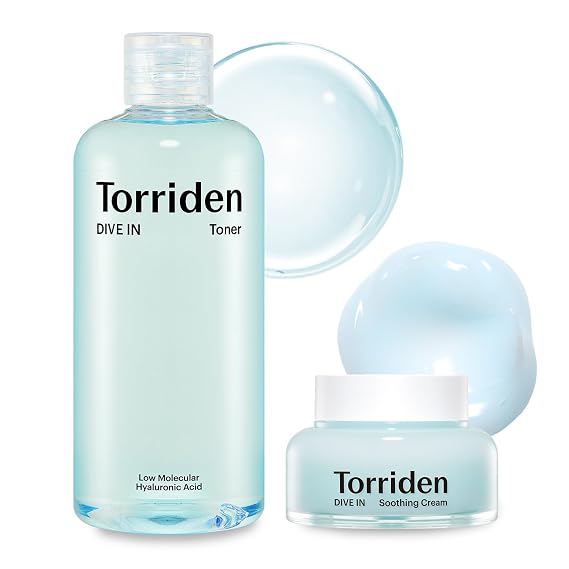 TORRIDEN Dive-in Low-Molecular Hyaluronic Acid Toner, 10.14 fl oz + Soothing Cream 3.38 fl oz | Vegan Clean Cruelty Free Facial Ampoule Moisturizer Astringent Alcohol-Free Fragrance-Free