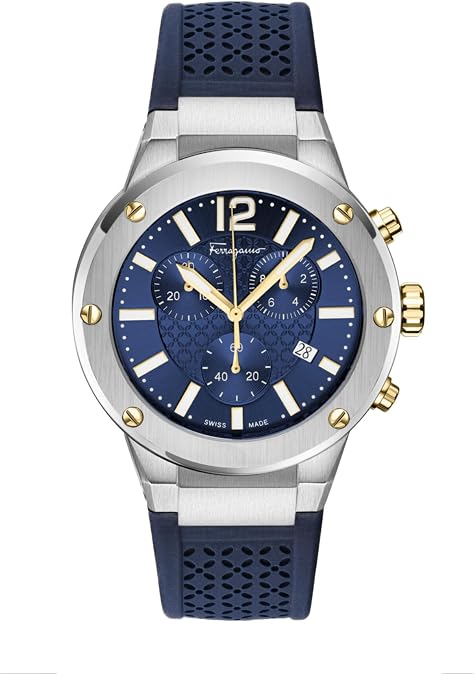 Salvatore Ferragamo Men's F-80 Chronograph Watch, Swiss Quartz Movement, Blue Guilloche Dial, Stainless Steel Case, Blue Silicone Strap, Date Display, 42mm Luxury Timepiece