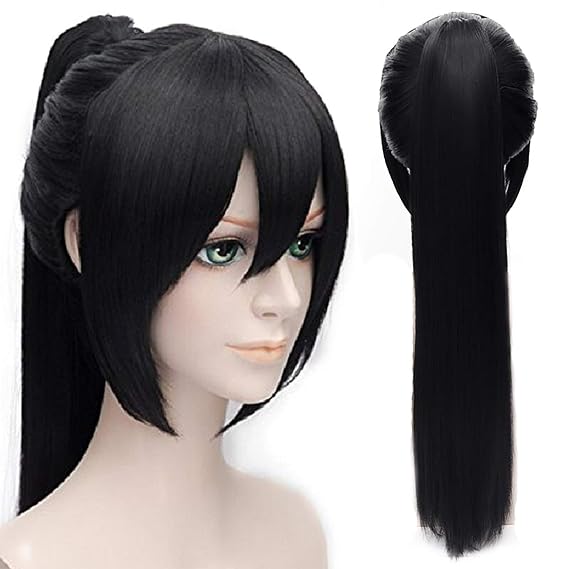 Probeauty Stylish Ponytail Black Straight Cosplay Wig Long Black Wigs with Bangs for Women Synthetic Wigs Anime Cosplay Hair for Halloween Costume Party+Wig Cap
