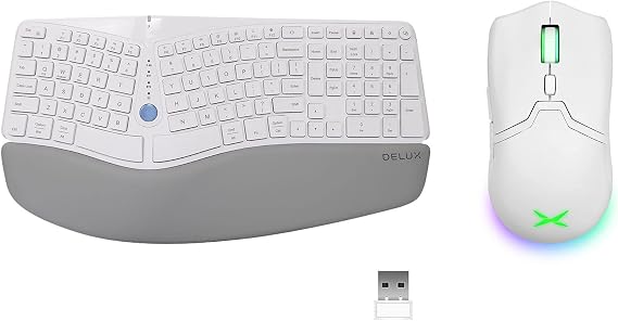 DELUX Wireless Ergonomic Keyboard GM901D and Gaming Mouse M800PRO3370 White