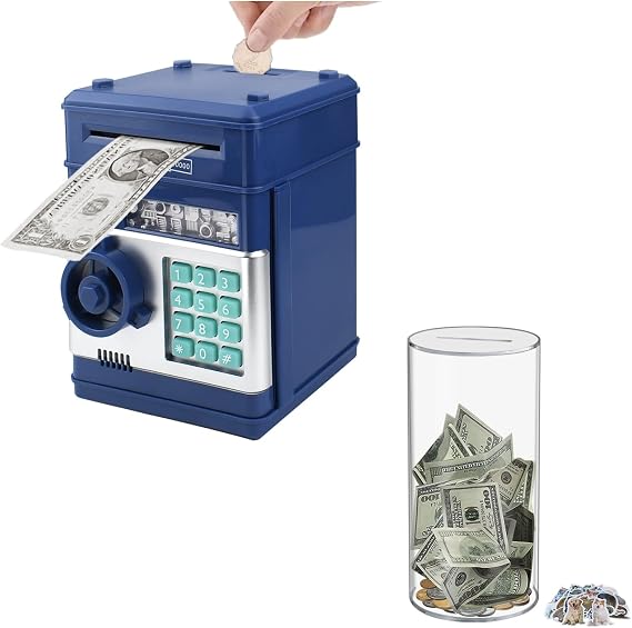 Clear and Unopenable Transparent Piggy Bank with 50 pcs Sticker (Medium) + Electronic Piggy Bank Mini ATM for Kids Baby Toy with Password (Navy Blue)
