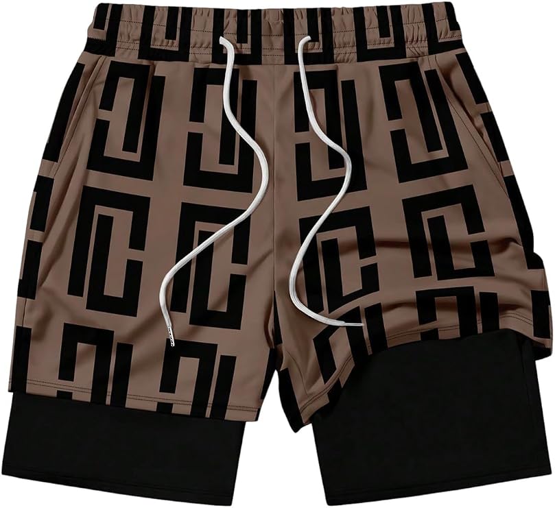 WDIRARA Men's Graphic Beach Shorts 2 in 1 Swim Trunks Workout Athletic Gym Shorts