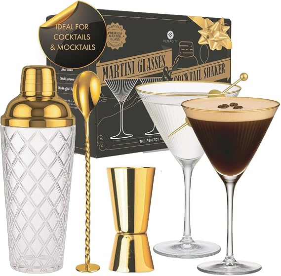 VEMACITY Gold Cocktail Shaker Set + 2 Ribbed Martini Glasses & Bar Tools