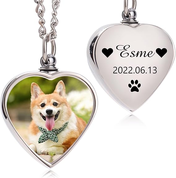 Personalized Pet Ashes Necklace, Custom Photo Memorial Pendant | Personalized Pet Memorial Gift, Custom Photo and Text, Engraved Message, Keepsake Ashes Compartment, Funnel Kit