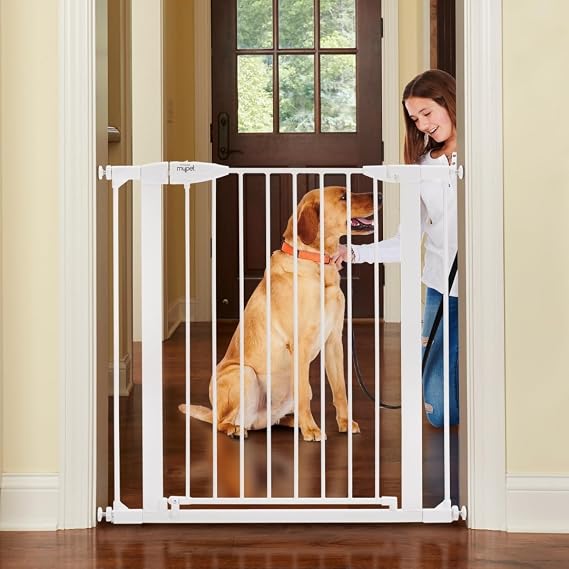 MYPET Tall Happy Tails Walk Thru Pet Gate: 29.75-37.5" Wide Dog Gate with Extra Wide 22" Door, Pressure Mounted No Tools Needed; 36" Tall, White
