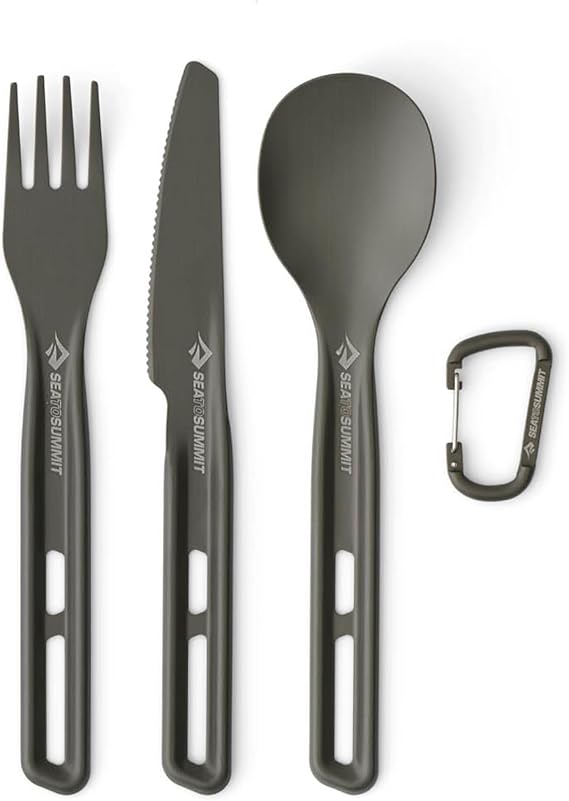 SEA TO SUMMIT - Frontier Ultralight Cutlery Set - 1 Person, 3 Piece - 1 Camping Fork, Spoon & Knife + Carabiner - Lightweight - Hard Anodised Aluminium Camping Dinnerware - Smooth Matte Finish - 26g