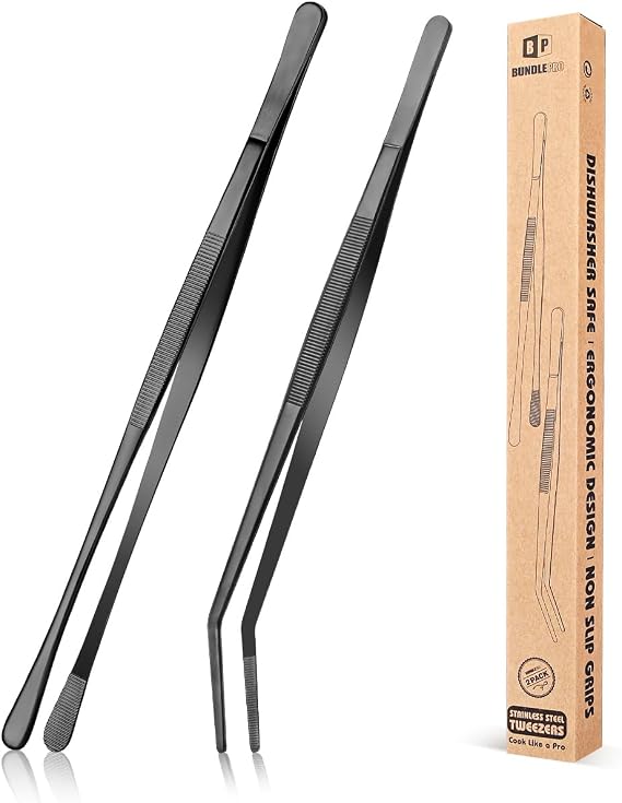 2 Pcs Kitchen Fine Tweezer Tongs, 12'' Stainless Steel, Black