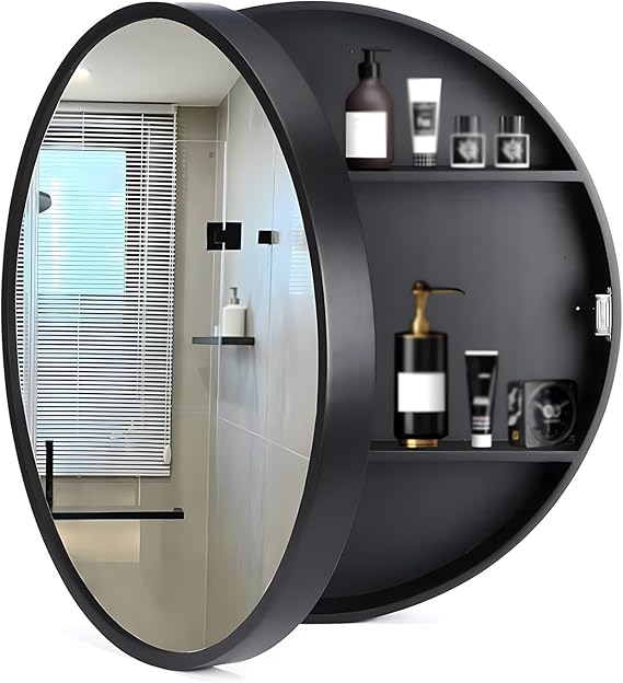 Bathroom Mirror Cabinet,Round Bathroom Mirror Cabinet,Storage Mirror Cabinet,Wall Bathroom Mirror Cabinet,with Shelf Bathroom Wall (Color : Black-A, Size : 50x50x13cm)