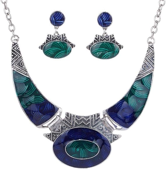 YAZILIND Ethnic Tibetan Sliver Bib Collar Earrings Necklace Embossed Oval Gangle Jewelry Set