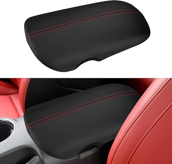 INTGET Center Console Cover for 2026 Ford Mustang Accessories 2015-2025 2016 2017 2018 2019 2020 2021 2022 2023 2024 Ecoboost/GT Armrest Car Arm Rest Box Lid Middle Seat(Red Stitches, 2015-2026)