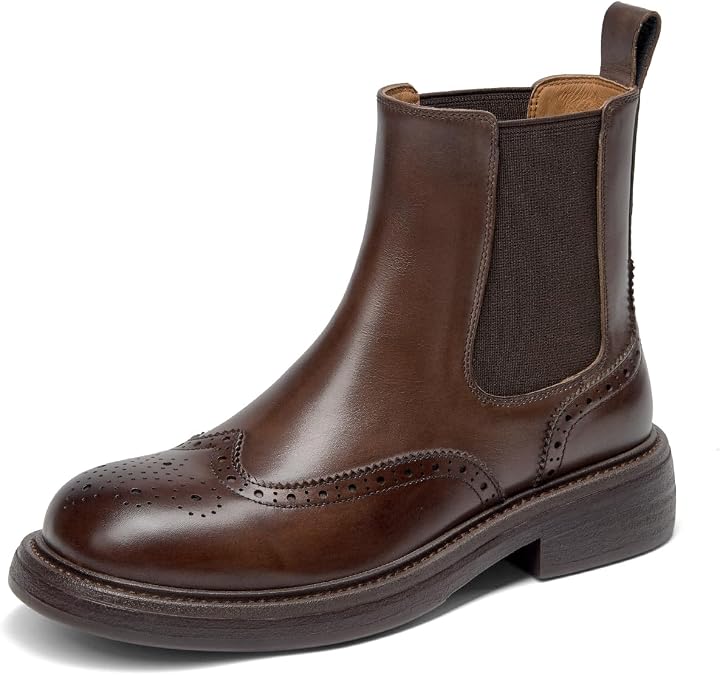 BEAU TODAY Womens Chelsea Boots, Leather Chelsea Ankle Boots for Women, Chunky Low Heel Short Boots, Fashion Elastic Slip On Fall Winter Ankle Booties
