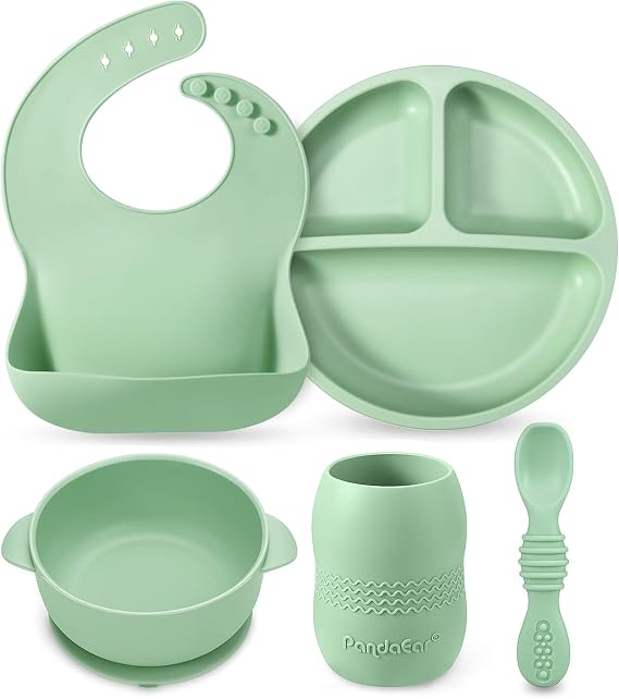 PandaEar Silicone Baby Feeding Set, 6-12 Months, Bib Plate Bowl Cup Spoon