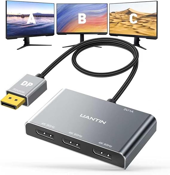 UANTIN DisplayPort Splitter for 3 Monitors Extended Display 4K@60Hz