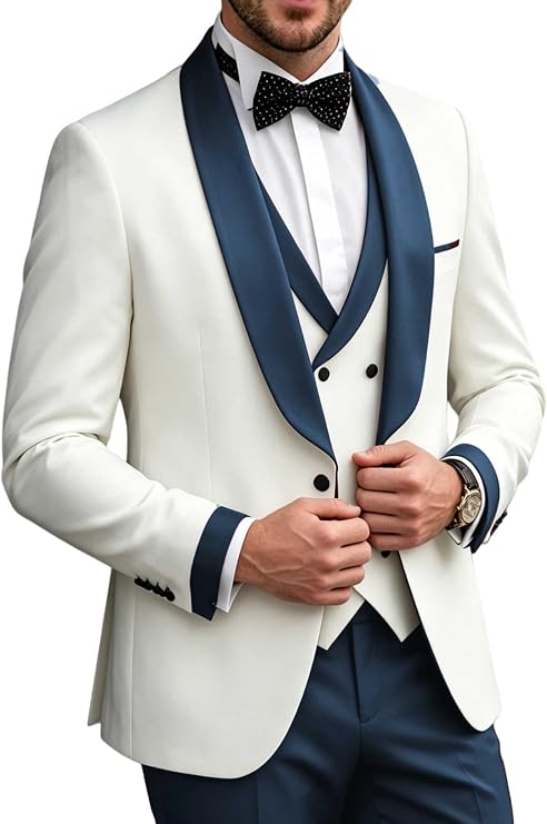 Men's Tuxedo Suit 3 Piece Satin Shawl Lapel Slim Fit Suits Blazer Vest Pants for Formal Wedding Prom