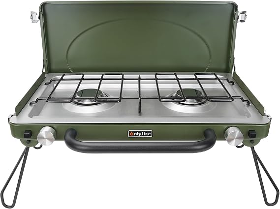 Portable Camping Gas Stove 2-Burner | Propane Camp Stove with Foldable Legs, Heavy-Duty Latch & Handle for Patio Cooking Camping Tailgating RV BBQ, Green GS331