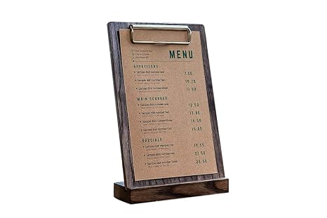 Wooden Table Menu Stand with Clip - Wood Sign Holder Standing Clipboard, Wooden Retail Sign Display Holder, Wedding Sign Holder Stand for Table, Menu Cover, Store Sign Stand, Menu Board, Menu Holder